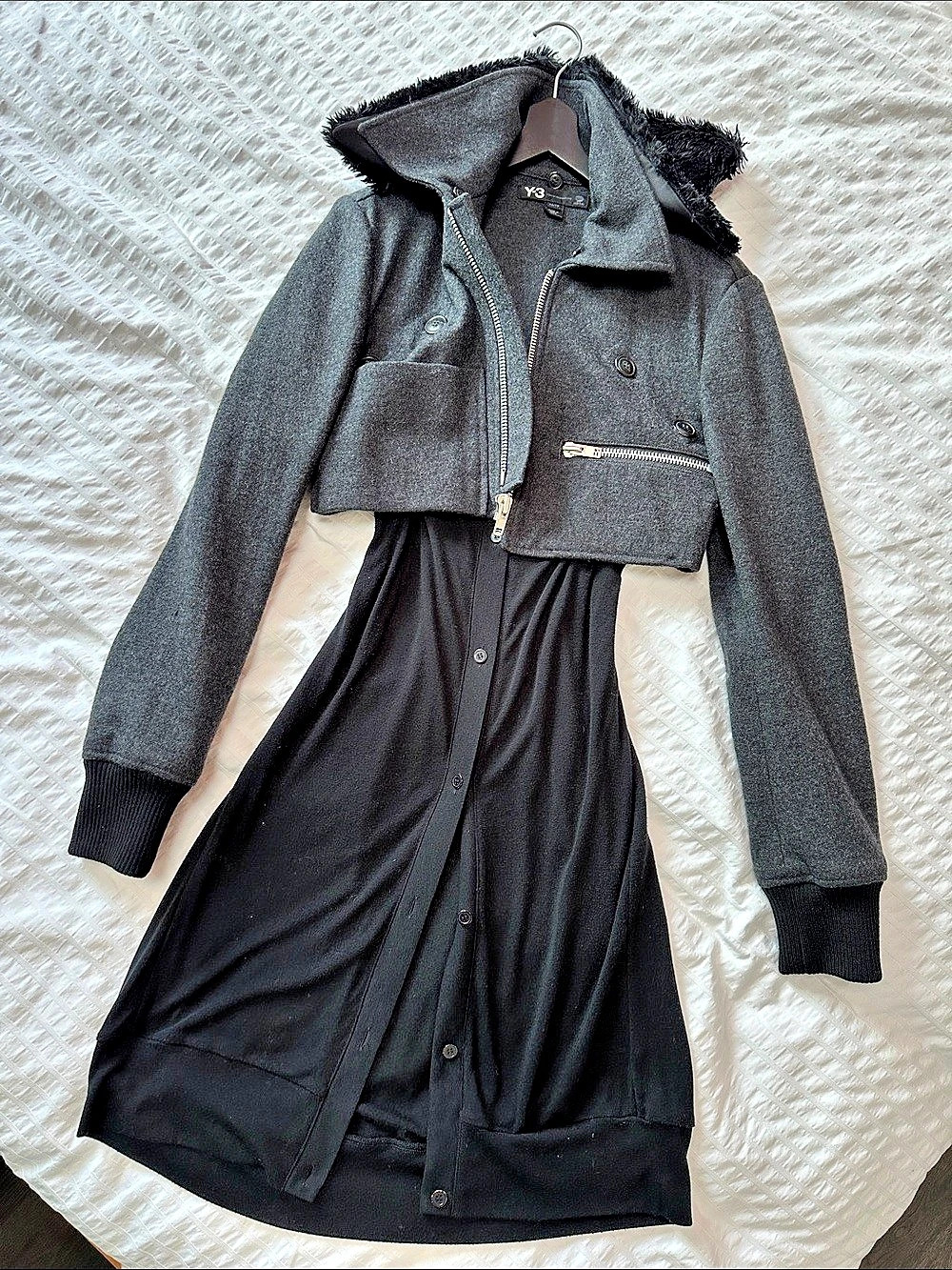 Y3 Japan) Faux Fur Hood Jacket Gray & Black Size XL